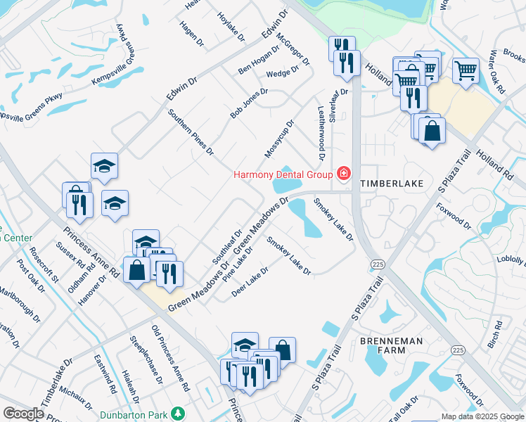 map of restaurants, bars, coffee shops, grocery stores, and more near 4566 Southern Pines Drive in Virginia Beach