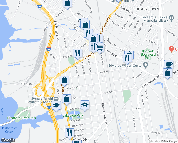 map of restaurants, bars, coffee shops, grocery stores, and more near 1136 Jackson Avenue in Chesapeake