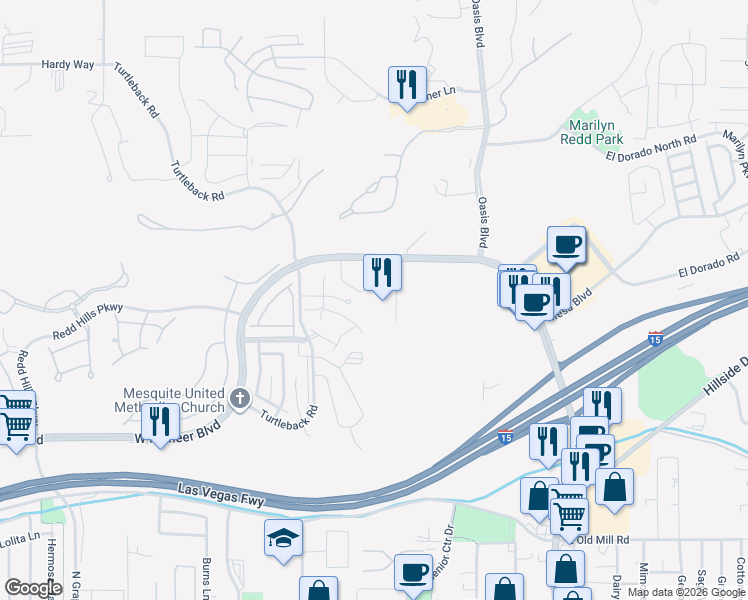 map of restaurants, bars, coffee shops, grocery stores, and more near 555 Highland Drive in Mesquite