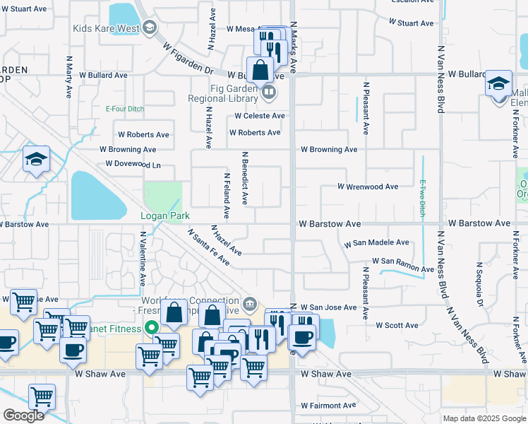 map of restaurants, bars, coffee shops, grocery stores, and more near 3077 West Robinwood Lane in Fresno