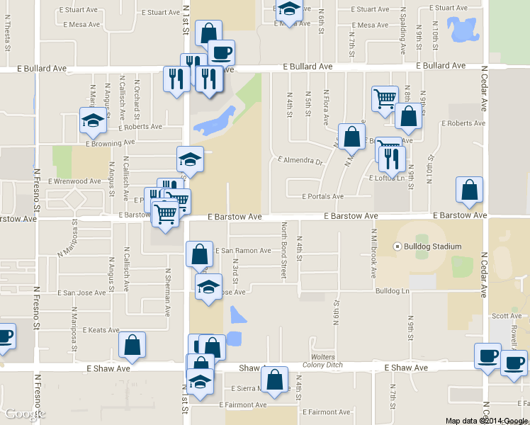 map of restaurants, bars, coffee shops, grocery stores, and more near 5411 North Bond Street in Fresno