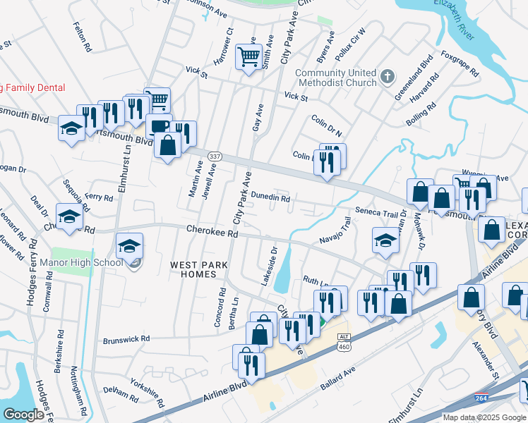 map of restaurants, bars, coffee shops, grocery stores, and more near 747 Dunedin Road in Portsmouth