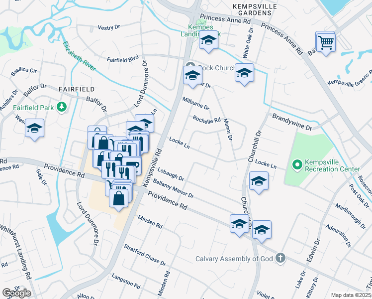 map of restaurants, bars, coffee shops, grocery stores, and more near 5133 Locke Lane in Virginia Beach