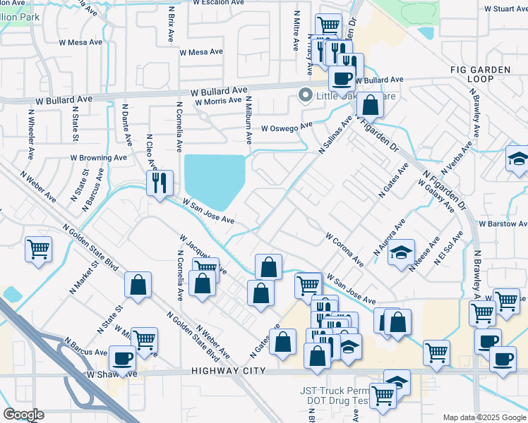 map of restaurants, bars, coffee shops, grocery stores, and more near 4682 West Joline Drive in Fresno