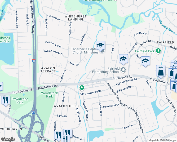 map of restaurants, bars, coffee shops, grocery stores, and more near 5626 Gates Landing Road in Virginia Beach