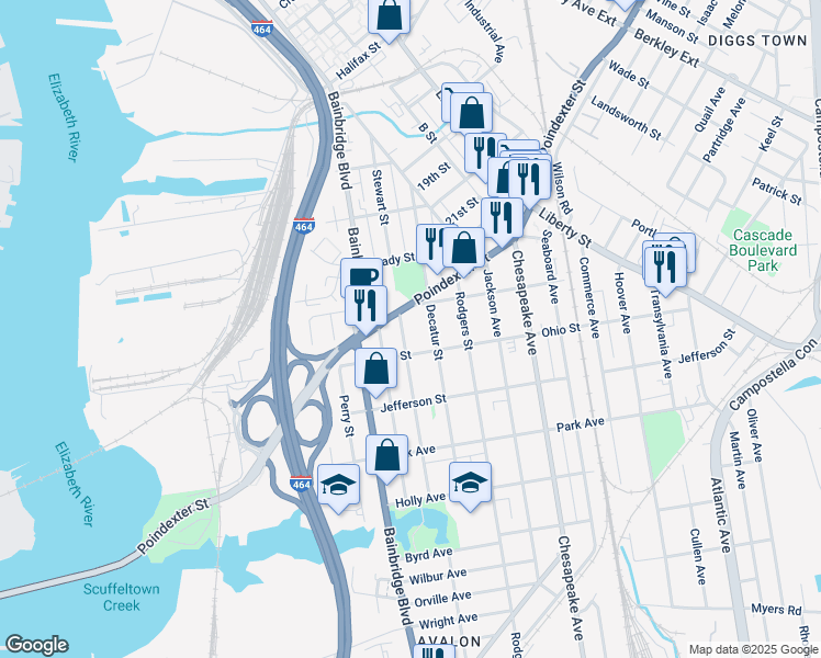 map of restaurants, bars, coffee shops, grocery stores, and more near 1129 Stewart Street in Chesapeake