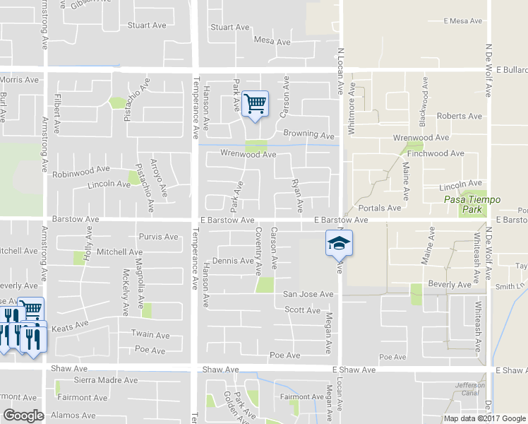 map of restaurants, bars, coffee shops, grocery stores, and more near 1193 Coventry Avenue in Clovis
