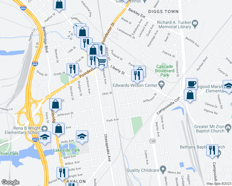 map of restaurants, bars, coffee shops, grocery stores, and more near 1200 Commerce Avenue in Chesapeake