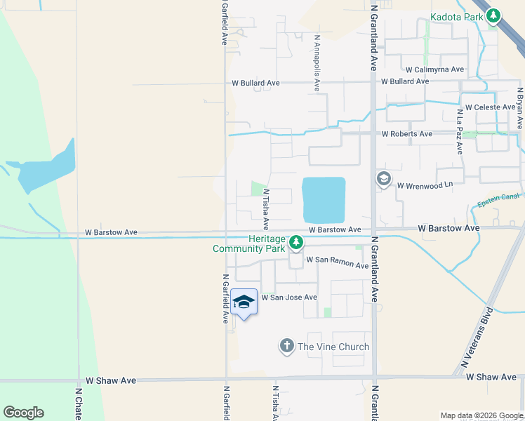 map of restaurants, bars, coffee shops, grocery stores, and more near 5555 North Tisha Avenue in Fresno
