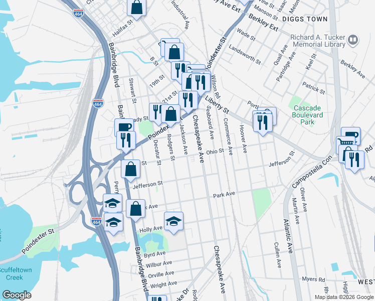map of restaurants, bars, coffee shops, grocery stores, and more near 1135 Jackson Avenue in Chesapeake
