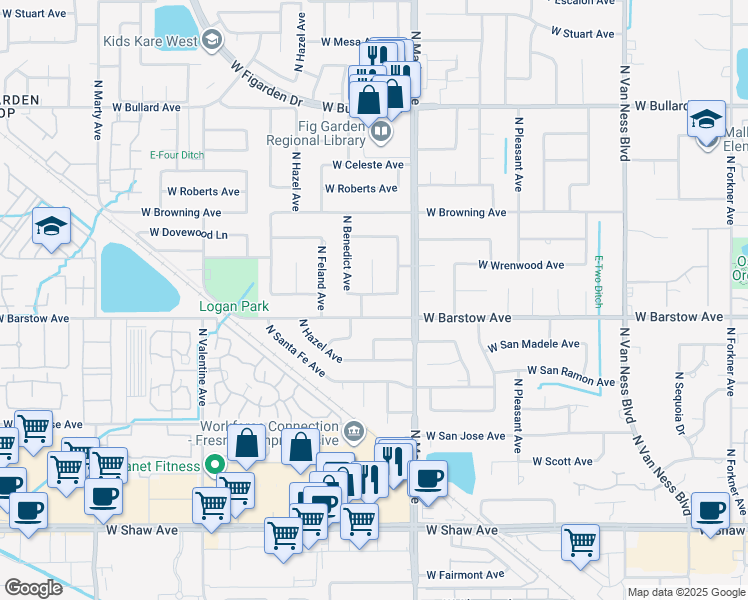 map of restaurants, bars, coffee shops, grocery stores, and more near 3077 West Robinwood Lane in Fresno
