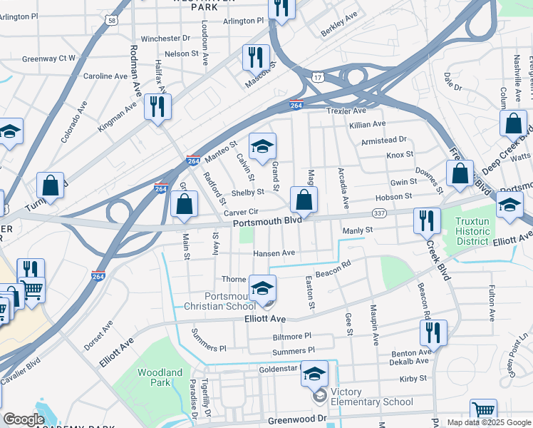 map of restaurants, bars, coffee shops, grocery stores, and more near 17 Carver Circle in Portsmouth