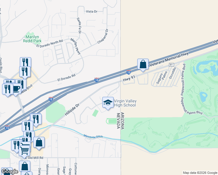 map of restaurants, bars, coffee shops, grocery stores, and more near 880 Hillside Drive in Mesquite
