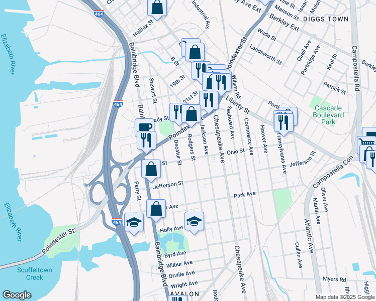 map of restaurants, bars, coffee shops, grocery stores, and more near 1130 Rodgers Street in Chesapeake