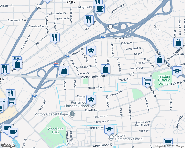 map of restaurants, bars, coffee shops, grocery stores, and more near 17 Carver Circle in Portsmouth