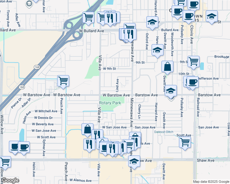 map of restaurants, bars, coffee shops, grocery stores, and more near 145 West Barstow Avenue in Clovis