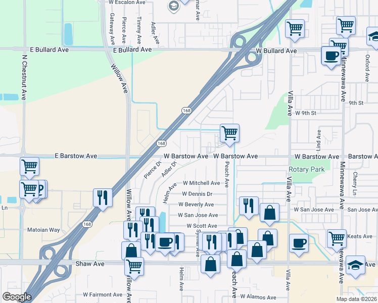 map of restaurants, bars, coffee shops, grocery stores, and more near in Clovis