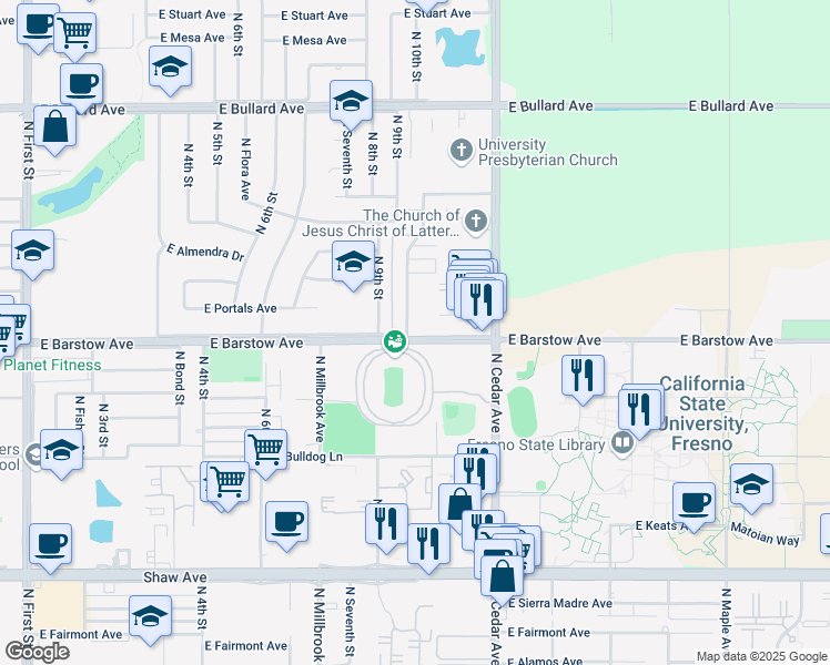 map of restaurants, bars, coffee shops, grocery stores, and more near 1680 East Barstow Avenue in Fresno