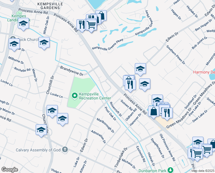 map of restaurants, bars, coffee shops, grocery stores, and more near 4790 Rosecroft Street in Virginia Beach