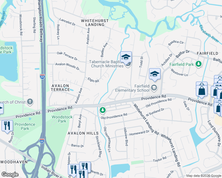 map of restaurants, bars, coffee shops, grocery stores, and more near 5626 Gates Landing Road in Virginia Beach