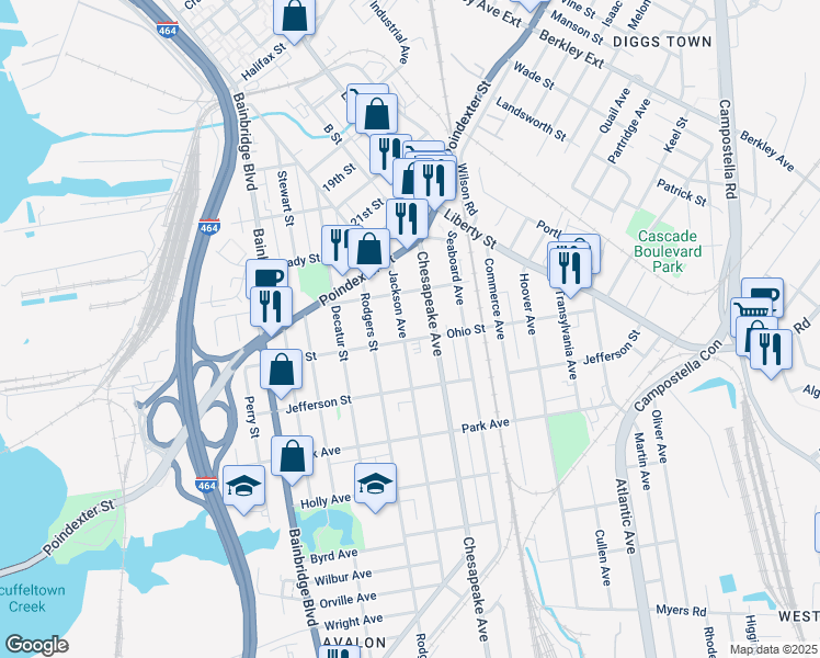 map of restaurants, bars, coffee shops, grocery stores, and more near 1136 Jackson Avenue in Chesapeake