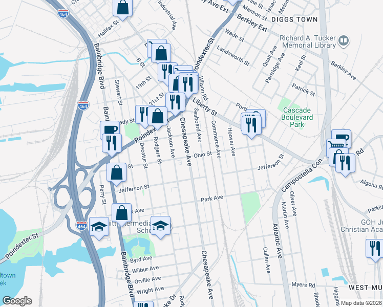 map of restaurants, bars, coffee shops, grocery stores, and more near 1143 Chesapeake Avenue in Chesapeake