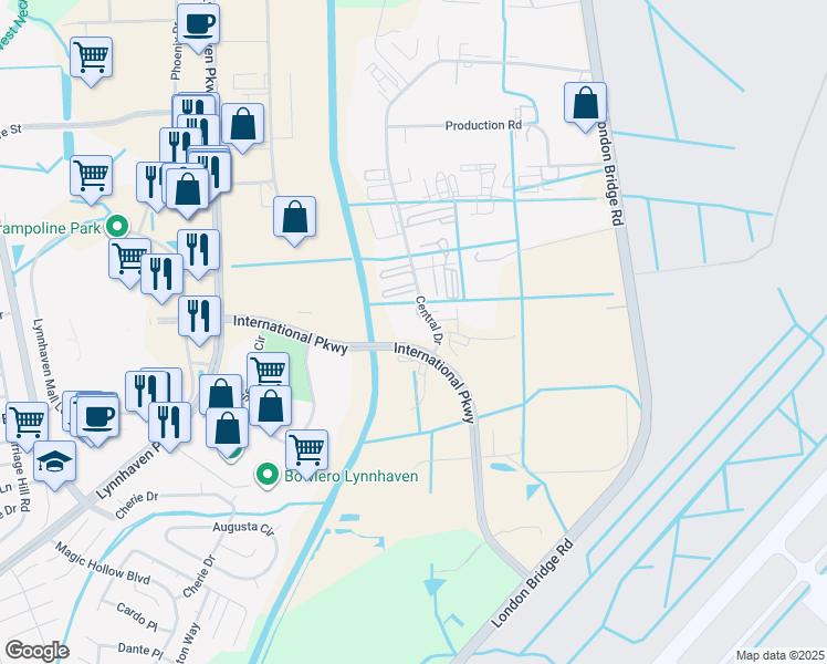 map of restaurants, bars, coffee shops, grocery stores, and more near 601 Central Drive in Virginia Beach