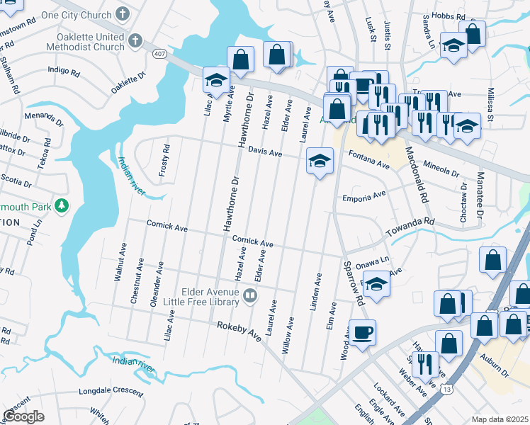 map of restaurants, bars, coffee shops, grocery stores, and more near 1315 Elder Avenue in Chesapeake