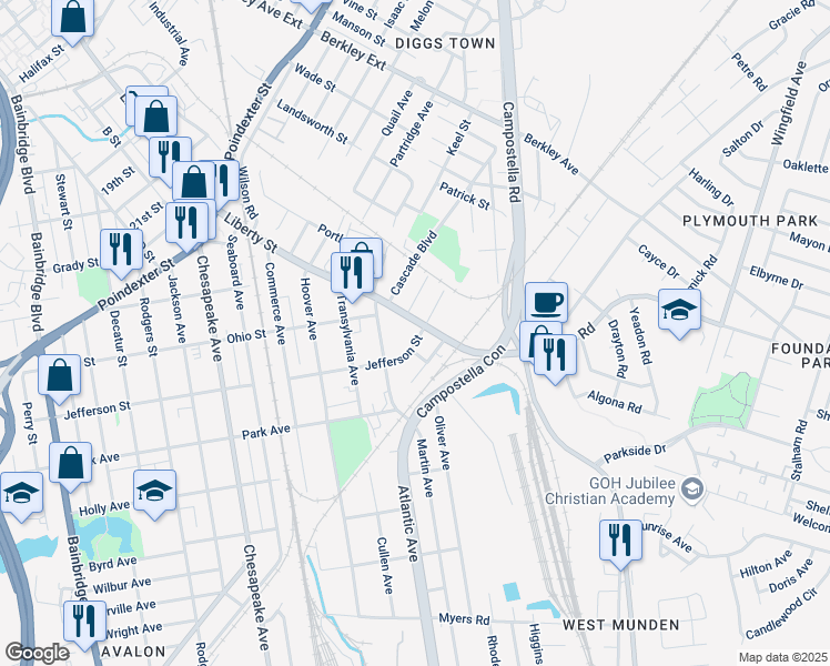 map of restaurants, bars, coffee shops, grocery stores, and more near 2009 Jefferson Street in Chesapeake