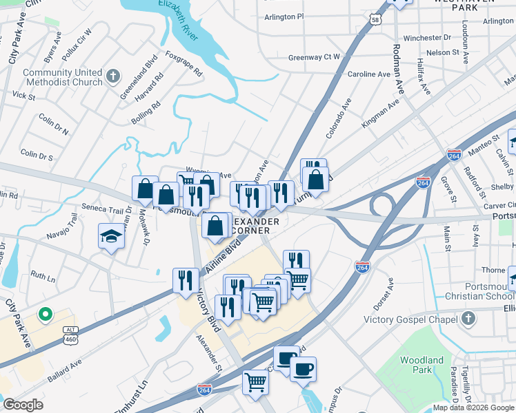 map of restaurants, bars, coffee shops, grocery stores, and more near 2494 Airline Boulevard in Portsmouth