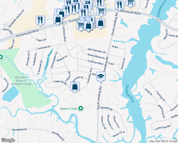 map of restaurants, bars, coffee shops, grocery stores, and more near 4100 Nina Drive in Chesapeake