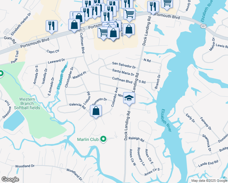 map of restaurants, bars, coffee shops, grocery stores, and more near 4100 Nina Drive in Chesapeake