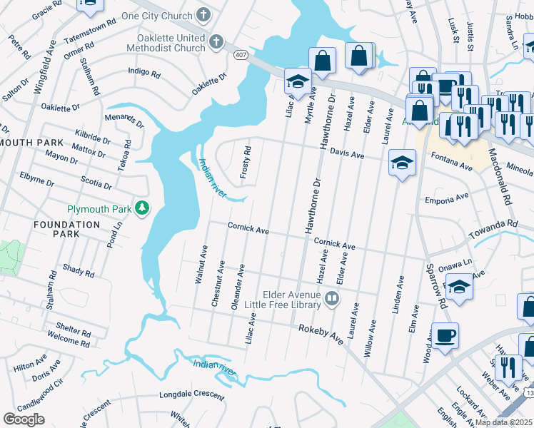 map of restaurants, bars, coffee shops, grocery stores, and more near 1317 Lilac Avenue in Chesapeake