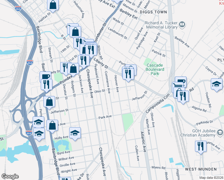 map of restaurants, bars, coffee shops, grocery stores, and more near 1608 Ohio Street in Chesapeake