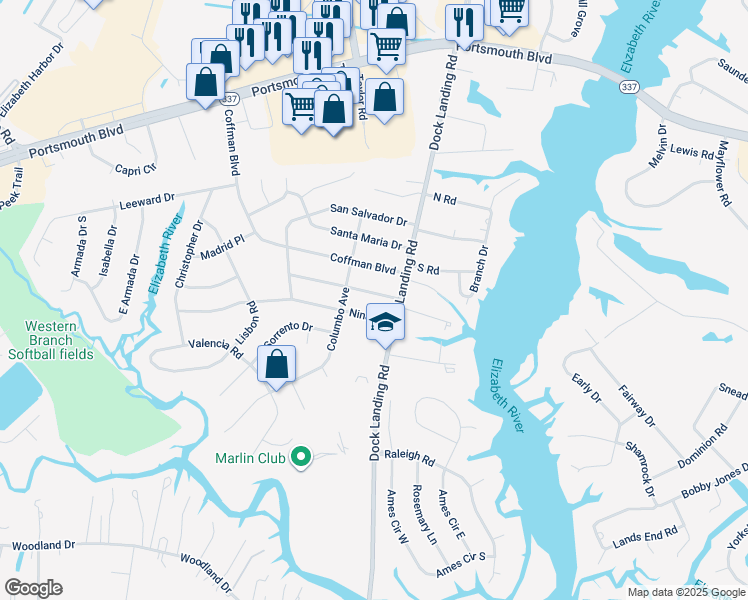 map of restaurants, bars, coffee shops, grocery stores, and more near 4009 Pinta Drive in Chesapeake