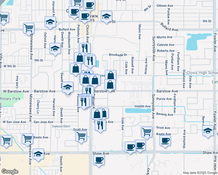 map of restaurants, bars, coffee shops, grocery stores, and more near 945 Barstow Avenue in Clovis