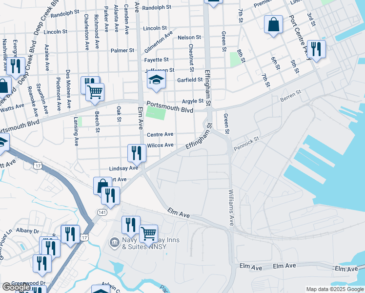 map of restaurants, bars, coffee shops, grocery stores, and more near 905 Wilcox Avenue in Portsmouth