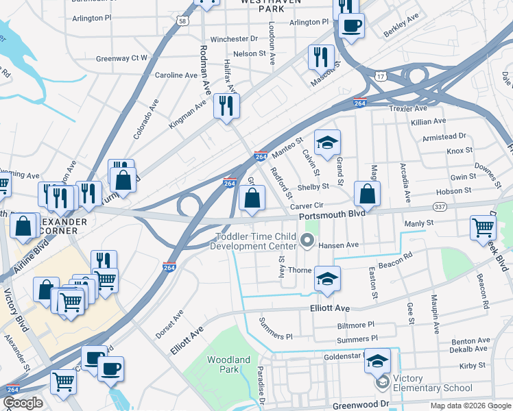map of restaurants, bars, coffee shops, grocery stores, and more near 86 Carver Circle in Portsmouth