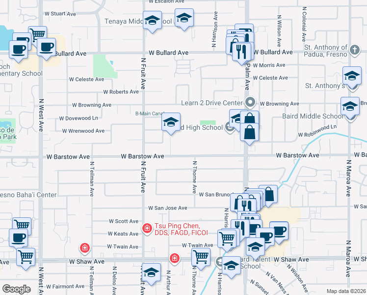 map of restaurants, bars, coffee shops, grocery stores, and more near 1266 West Barstow Avenue in Fresno