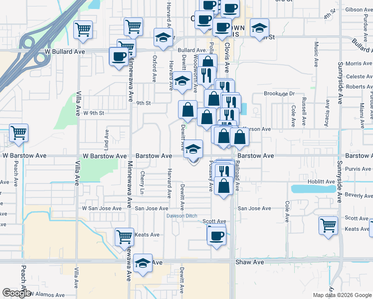 map of restaurants, bars, coffee shops, grocery stores, and more near 1153 Dewitt Avenue in Clovis