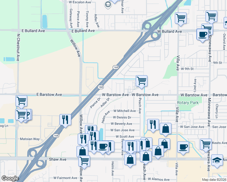 map of restaurants, bars, coffee shops, grocery stores, and more near in Clovis