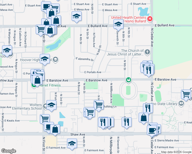 map of restaurants, bars, coffee shops, grocery stores, and more near 5430 North Millbrook Avenue in Fresno