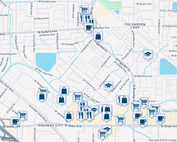 map of restaurants, bars, coffee shops, grocery stores, and more near 4408 West Cardiff Avenue in Fresno
