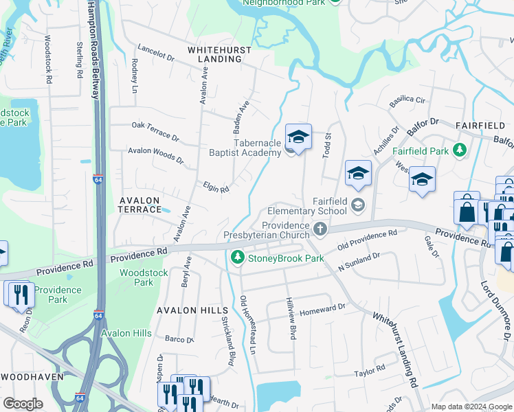 map of restaurants, bars, coffee shops, grocery stores, and more near 5626 Gates Landing Road in Virginia Beach