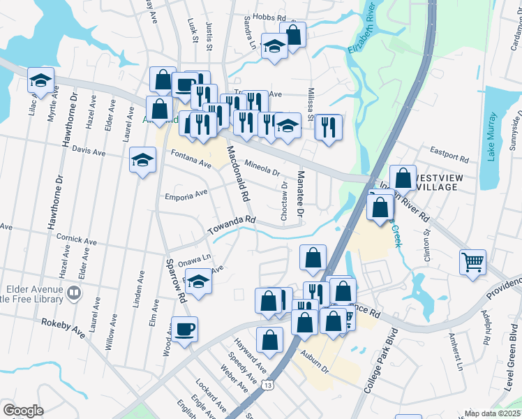 map of restaurants, bars, coffee shops, grocery stores, and more near 1005 Choctaw Court in Virginia Beach