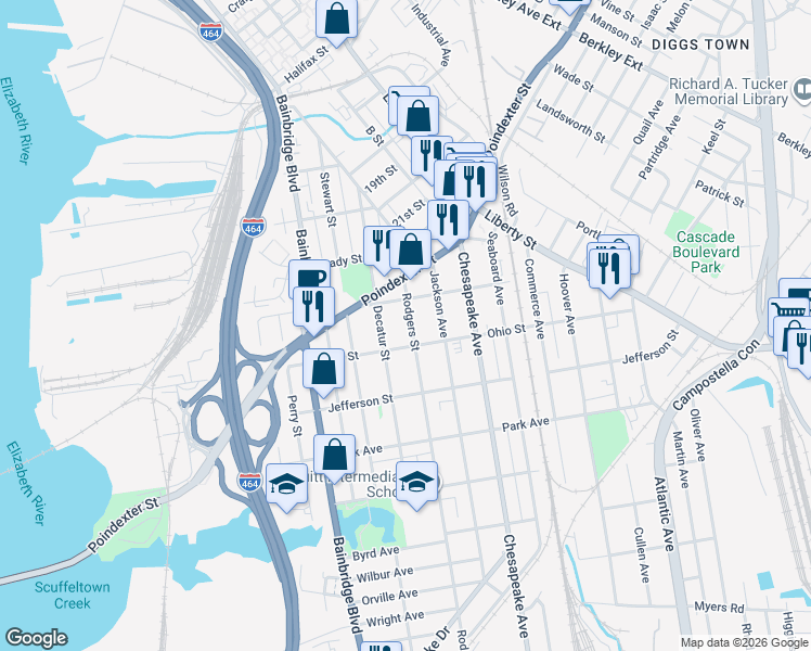 map of restaurants, bars, coffee shops, grocery stores, and more near 1134 Rodgers Street in Chesapeake