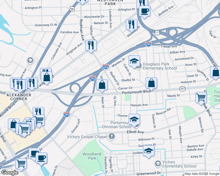 map of restaurants, bars, coffee shops, grocery stores, and more near 63 Carver Circle in Portsmouth