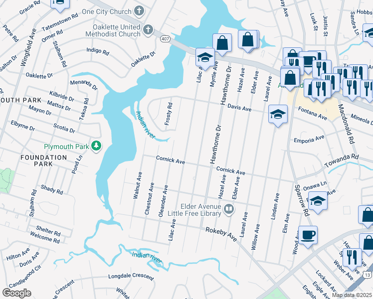 map of restaurants, bars, coffee shops, grocery stores, and more near 1316 Lilac Avenue in Chesapeake