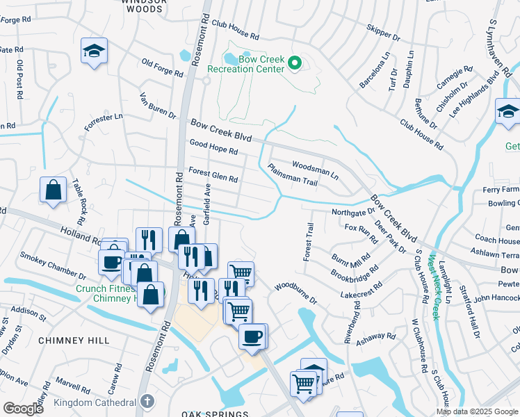 map of restaurants, bars, coffee shops, grocery stores, and more near 3405 Champlain Lane in Virginia Beach