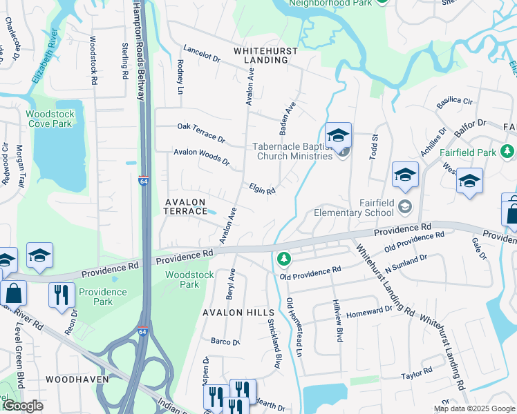map of restaurants, bars, coffee shops, grocery stores, and more near 5608 Ranger Court in Virginia Beach